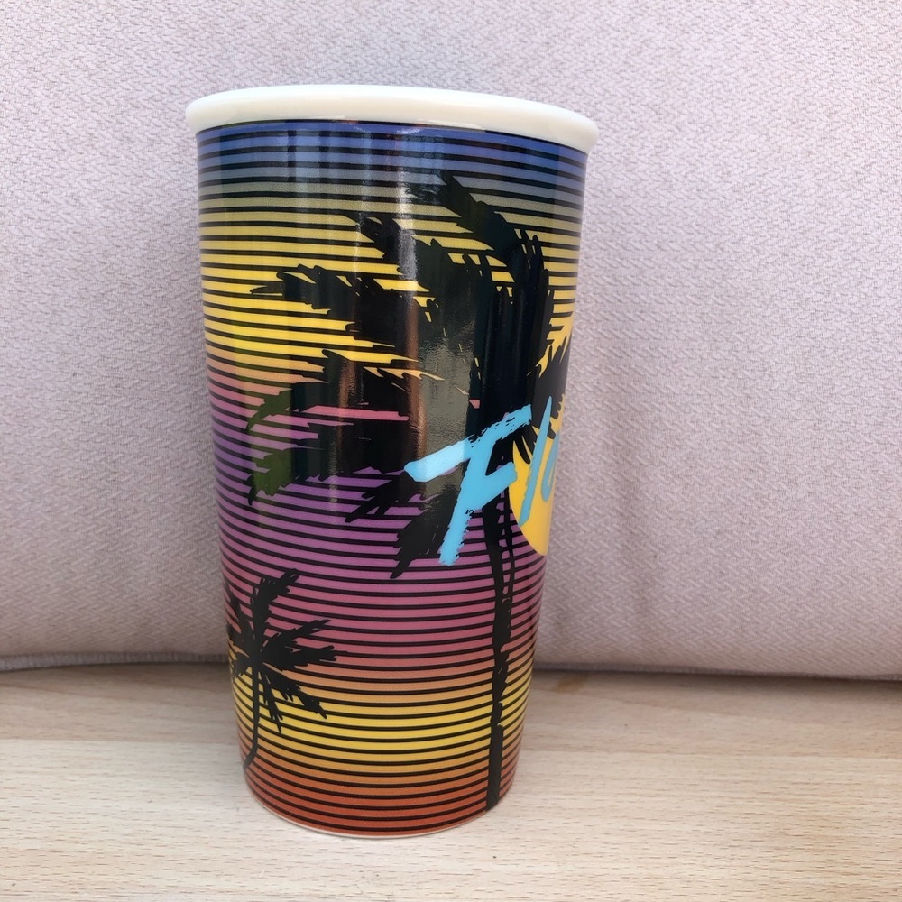Starbucks 2016 Ceramic Stripes Sunset Palms Florida Travel Cup With Lid 12 Oz. - Picture 5 of 11